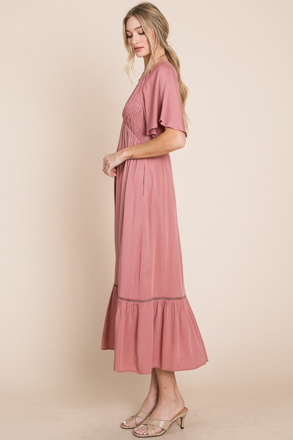 HEYSON Full Size Smocked Pocket Midi Dress in Rouge Pink