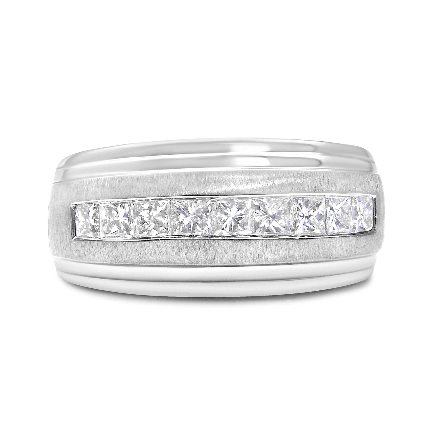 10K White Gold Men's 1.00 Cttw Channel Set 9 Princess Diamond Matte Finish Wedding Band Ring ( H-I Color, I1-I2 Clarity) - Size 10