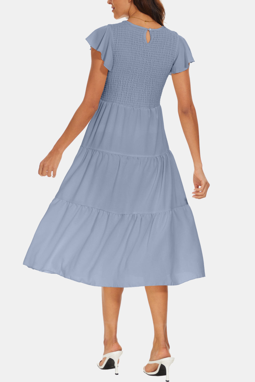 Round Neck Smocked Flutter Sleeve Tiered Dress