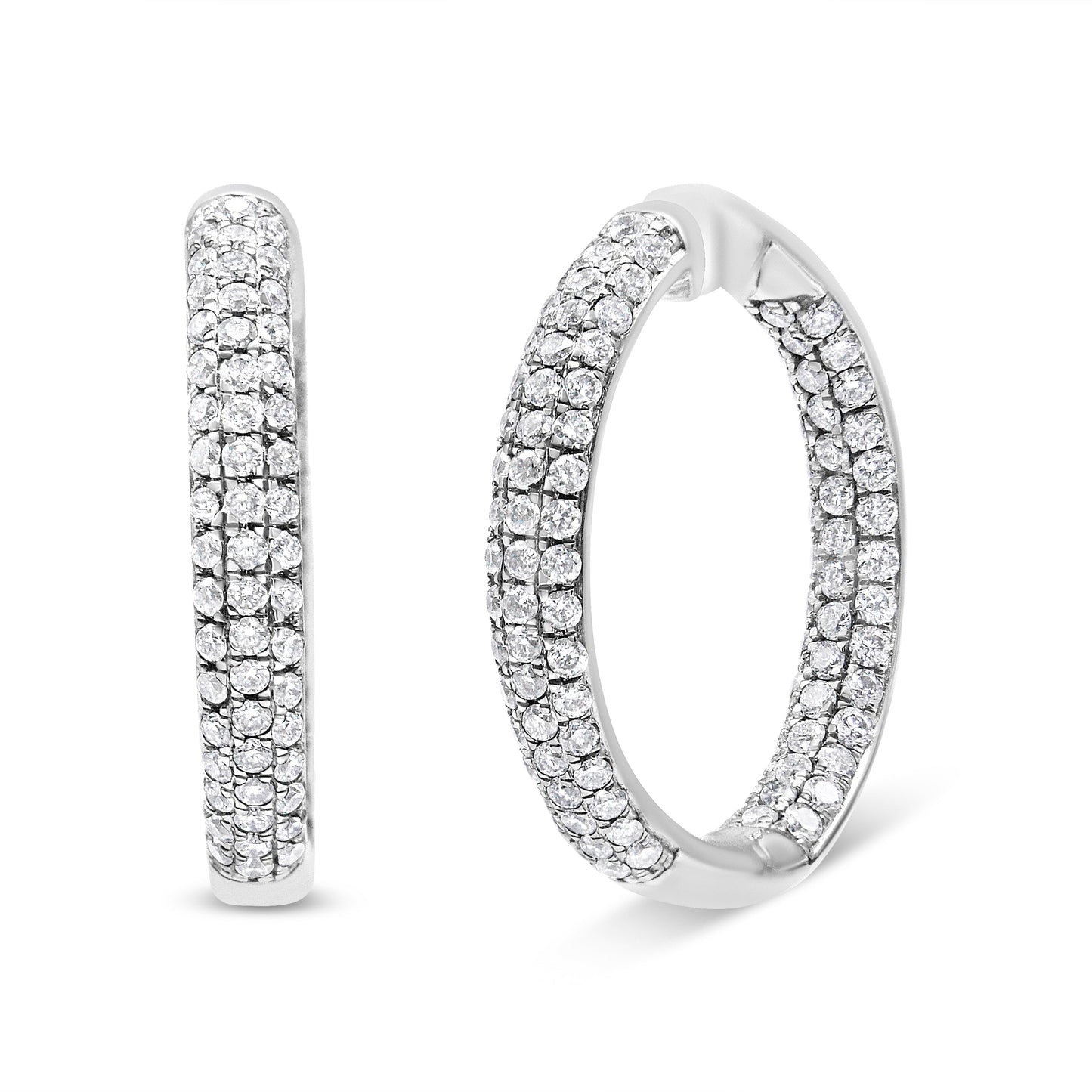 14K White Gold 2.00 Cttw Lab Grown Diamond Triple Row Inside Out Hoop Earrings (G-H Color, Si1-Si2 Clarity)
