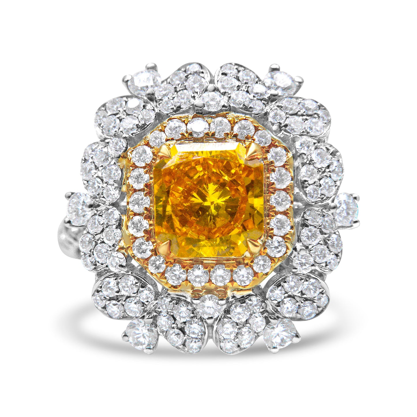 18K Yellow And White Gold 2 3/4 Cttw Lab Grown Yellow Radiant Cut Diamond Halo Cluster Ring (Yellow/G-H Color, Vs1-Vs2 Clarity) - Size 5.75