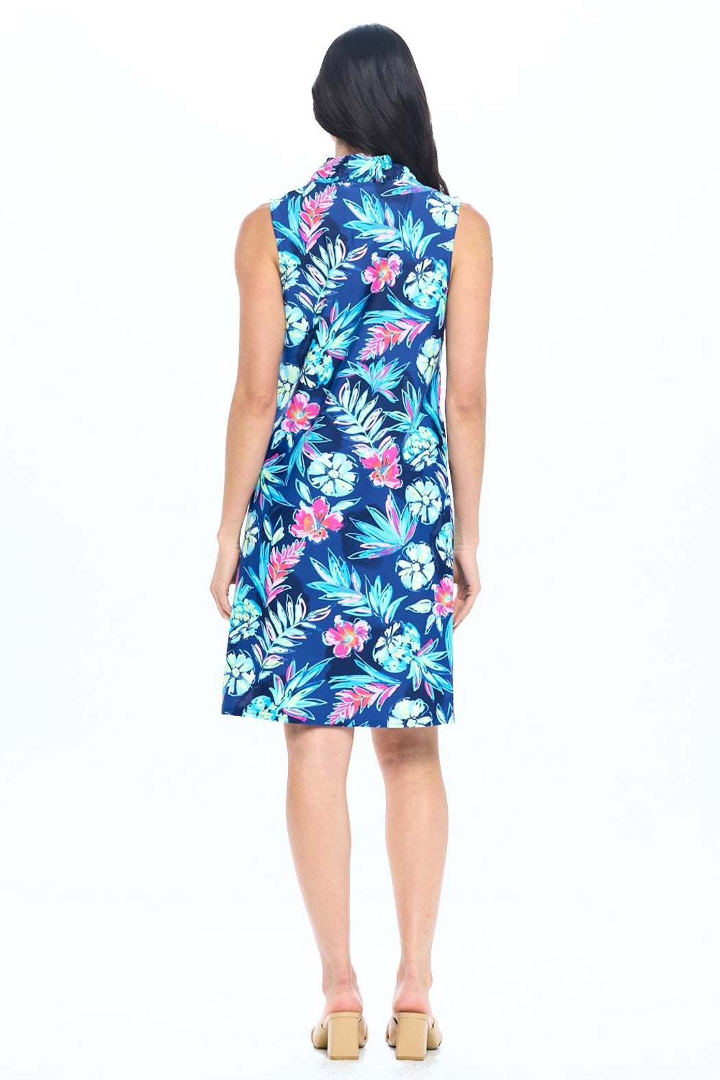 Navy Floral Ruffle Neck Dress