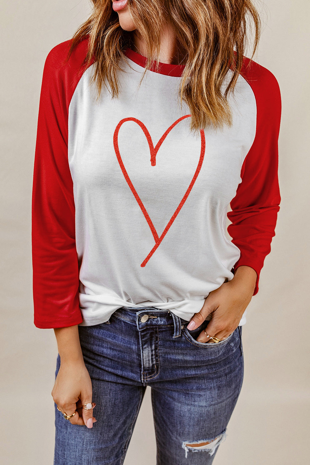 Contrast Baseball Sleeve Heart Graphic Top - ONLINE EXCLUSIVE!