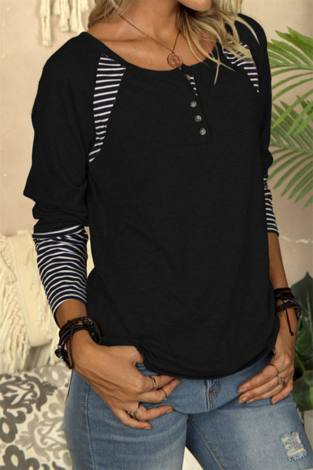 Casual Striped Color Block Crew Neck Shirt
