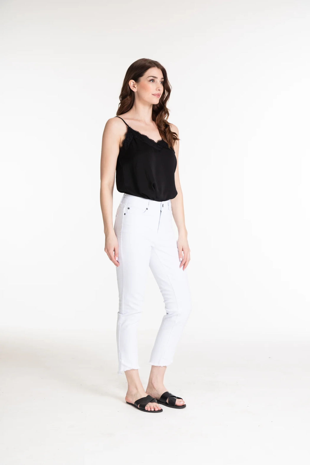 CONTOUR WAIST ASYMMETRICAL FRINGE HEM ANKLE JEAN - medium indigo only