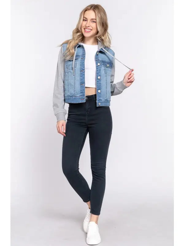 Long Sleeve Contrast Terry Sleeve with Hoodie Denim Jacket