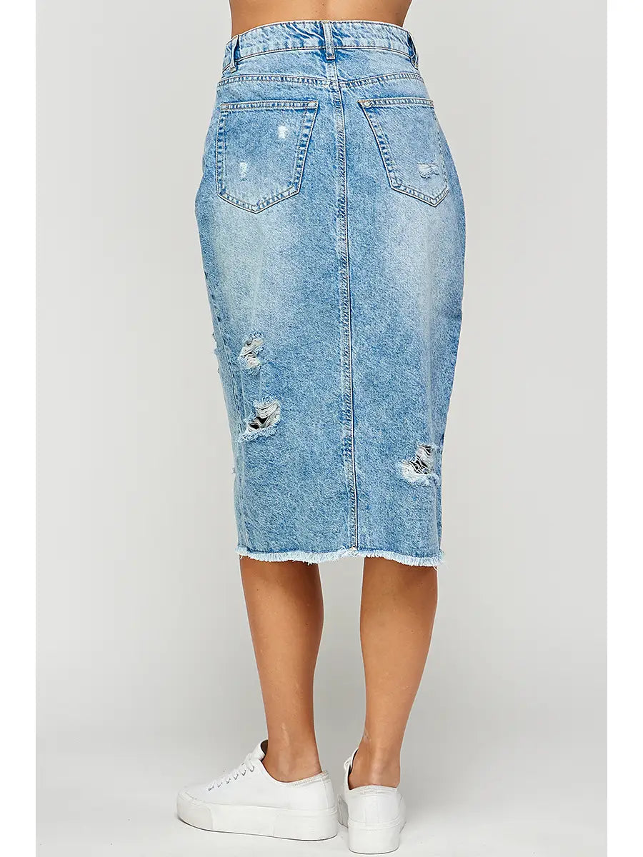 Distressed Long Denim Skirt
