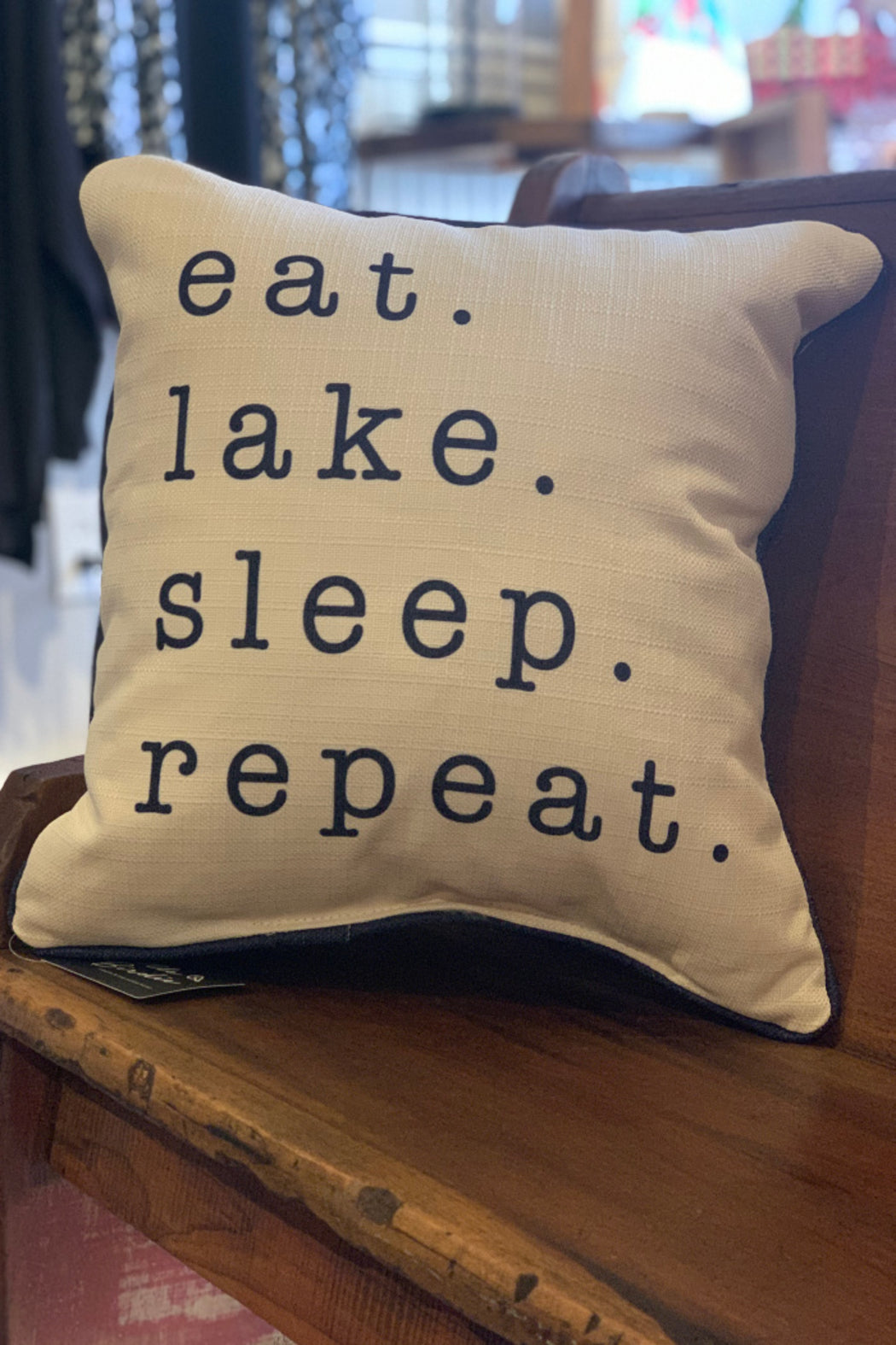 Eat. Lake. Sleep. Repeat Pillow with Piping