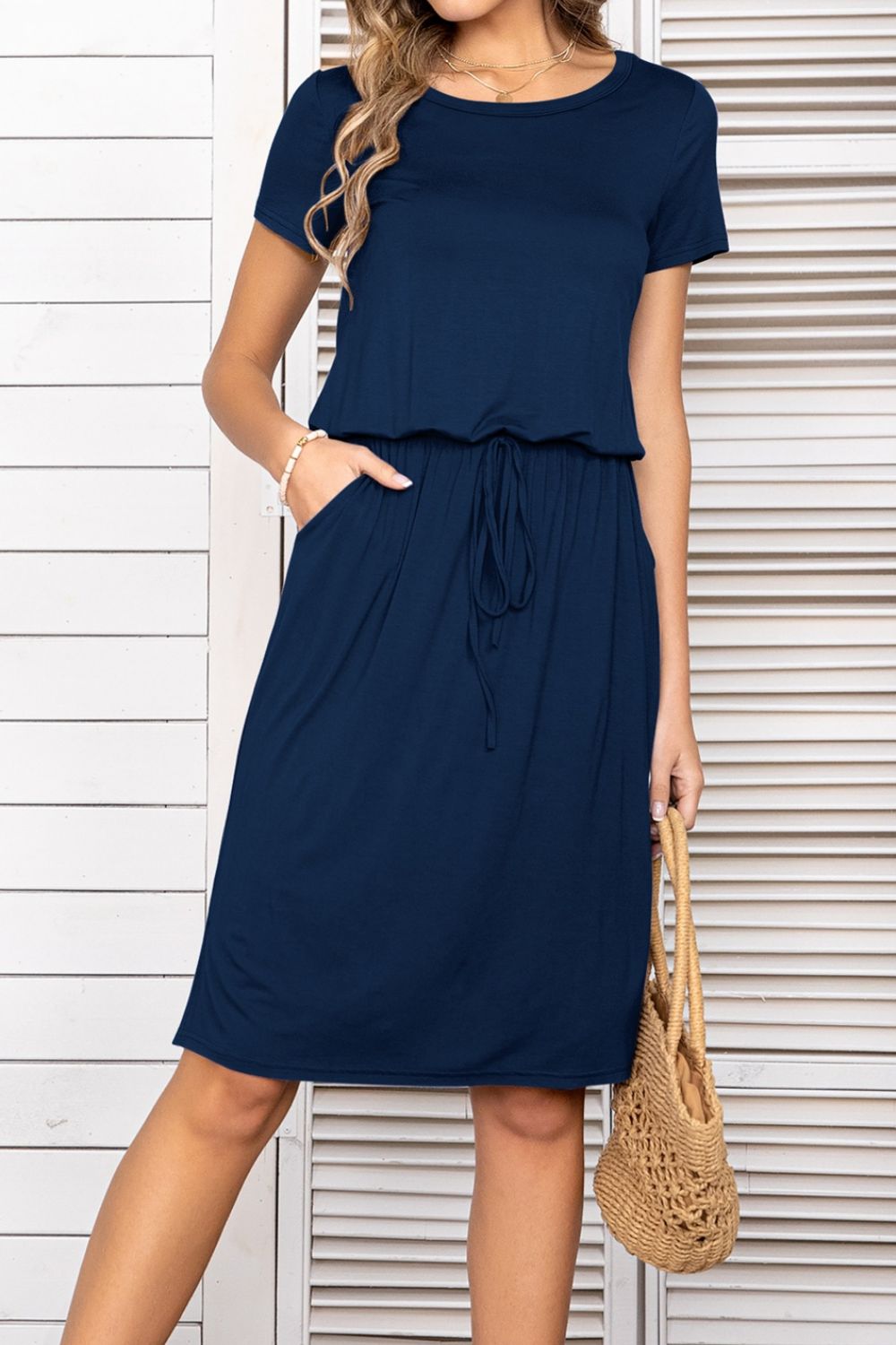 Round Neck Short Sleeve Slit Dress With Pockets