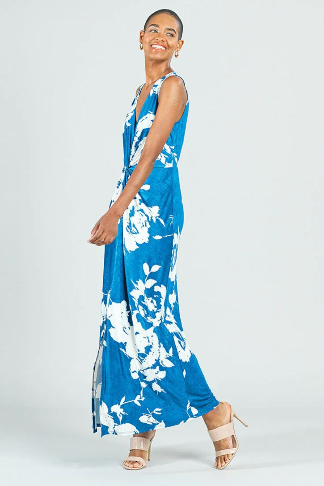 Floral-Silky V-Neck Maxi-Dress