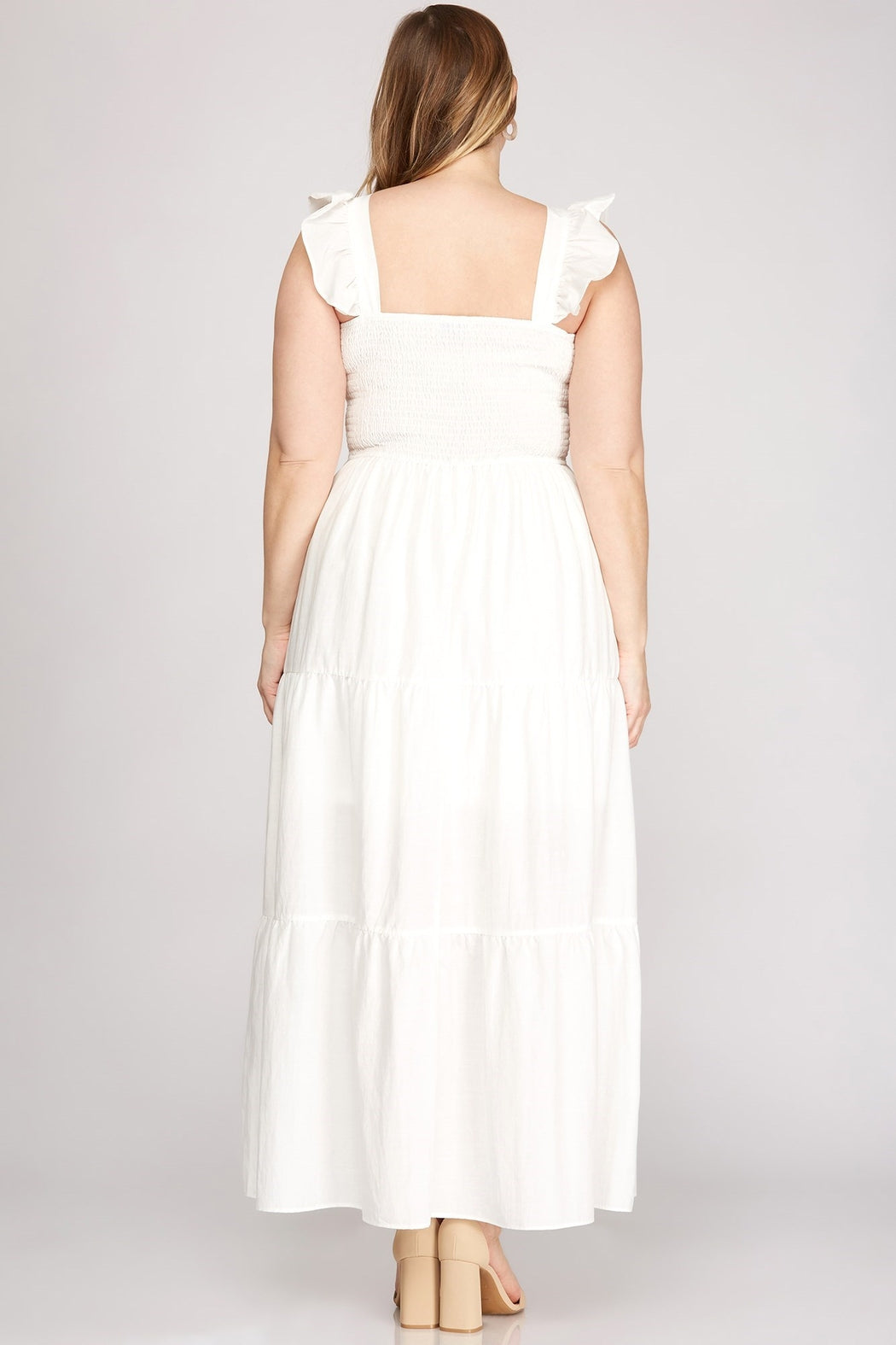 Frilled-shoulder Smocked-tiered Maxi-Dress