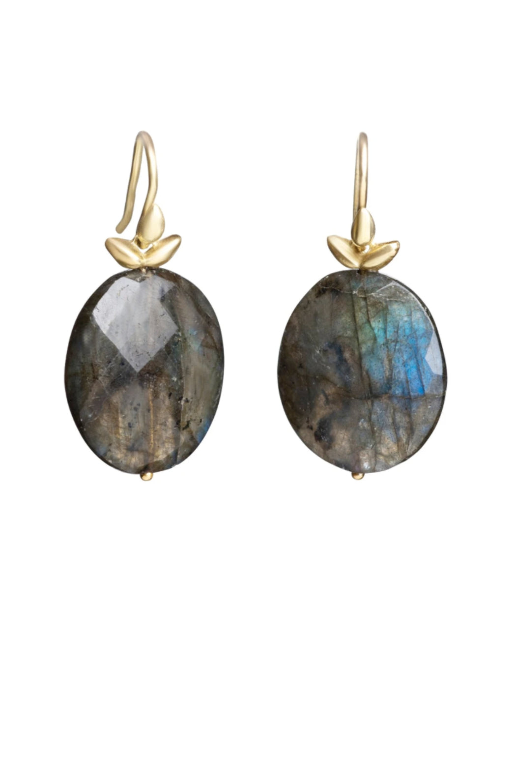 Gabrielle Sanchez flat Faceted Oval Labradorite Smooth Seed Earwire 19x7x6, 18k