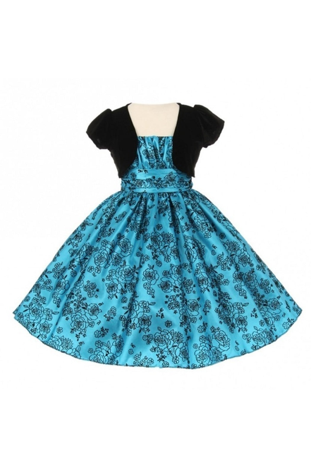 Girls Turquoise & Black Velvet Short Dress With Velvet Jacket
