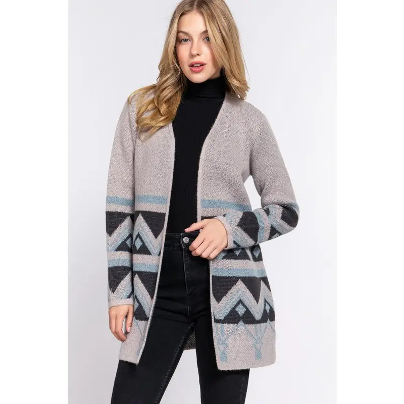 Women's Long Sleeve Gray Southwest Print Cardigan Sweater