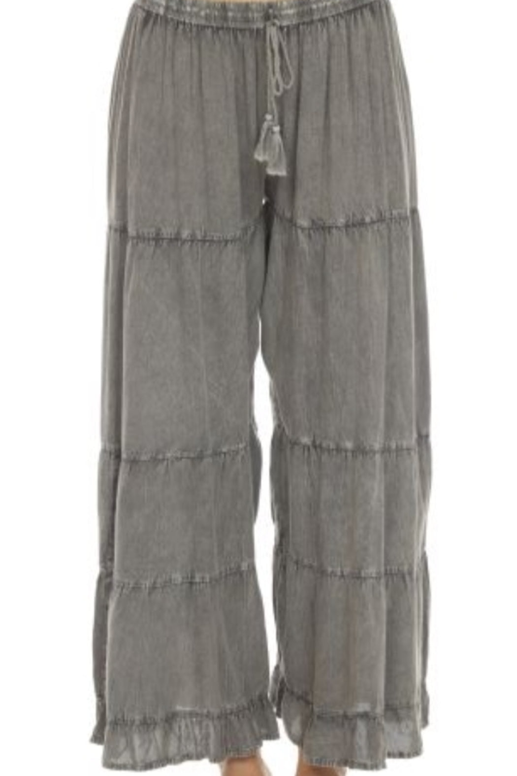 Grey Stone Wash Long Tiered Pant