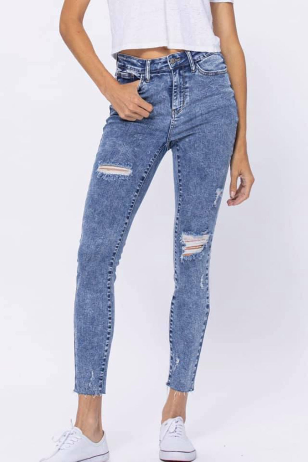 Hi-Rise Skinny Acid Wash Destroyed Hem Jeans