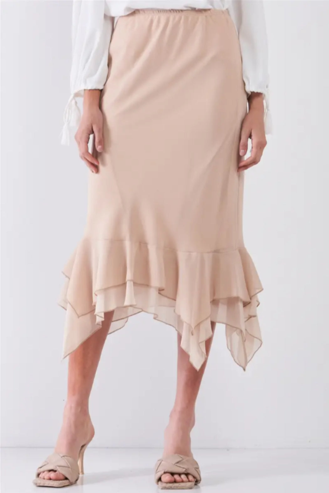 High-Waisted Fitted Asymmetrical Flare Hem Midi Pencil Skirt