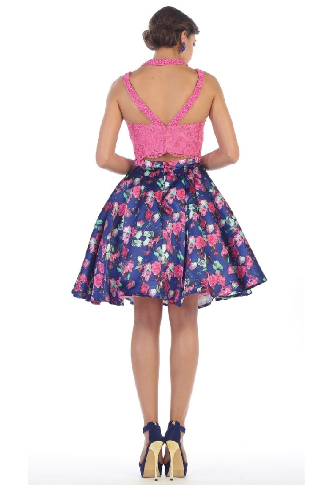 Hot Pink Two Piece Floral Short Formal Dress