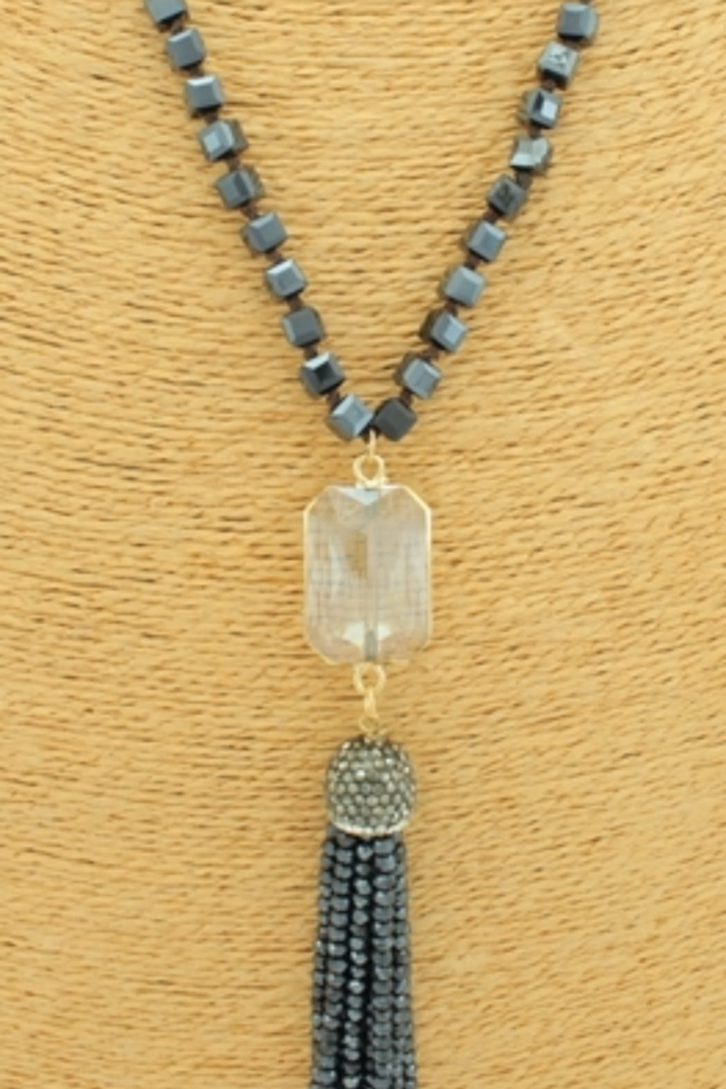 Long Charcoal Black Beaded Tassel Necklace