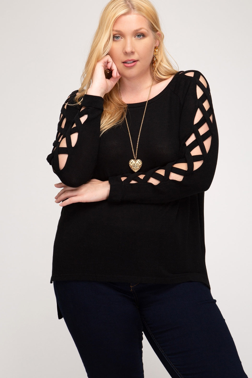 Long Sleeve Hi Low top With Strappy Sleeve Detail