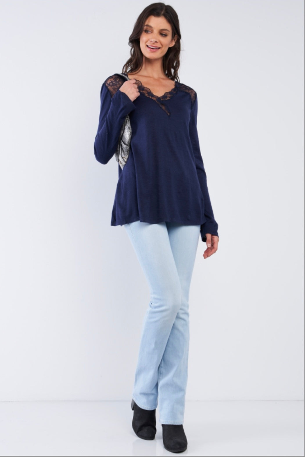 Loose Fit Long Sleeve Lace Hem V-Neck Top