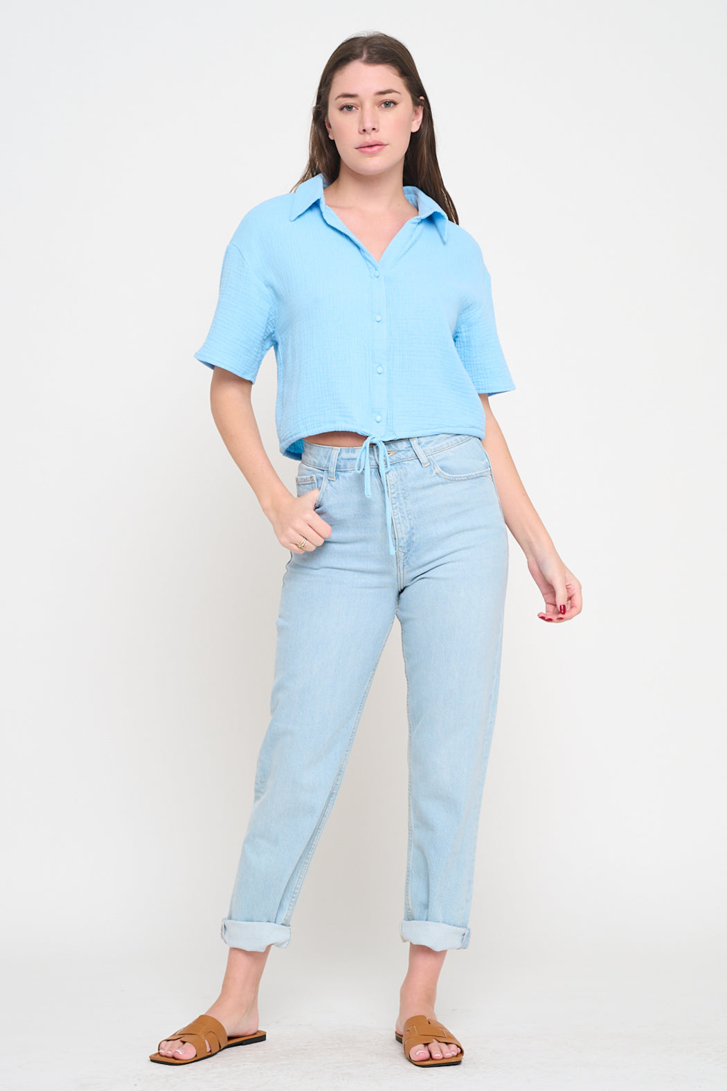 Gauze Button-Up Tie Front Shirt