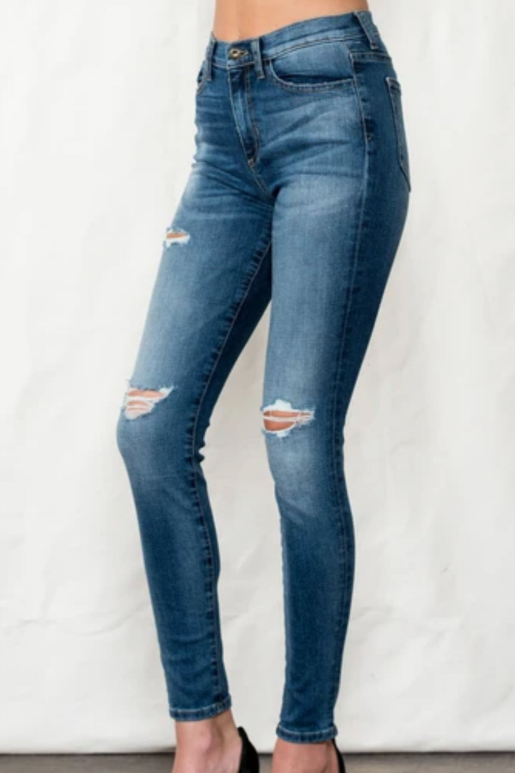 Mid Rise Skinny Jean With Distressing