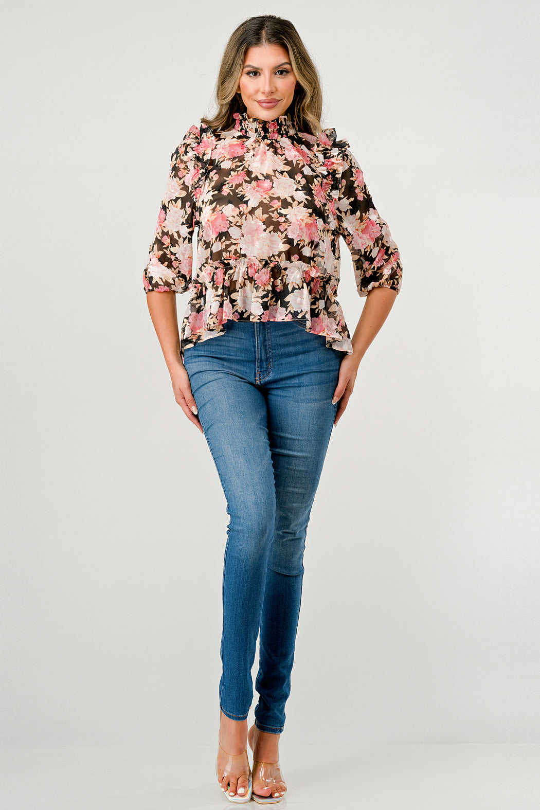 Hi Low Long Sleeve Blouse Floral Chiffon Top