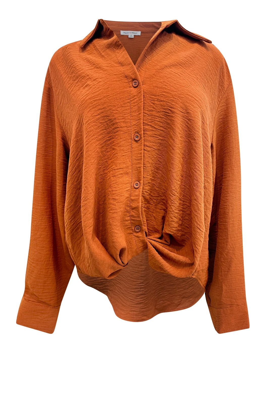 Knotted Waist Button Front Long Sleeve Sold Shirt