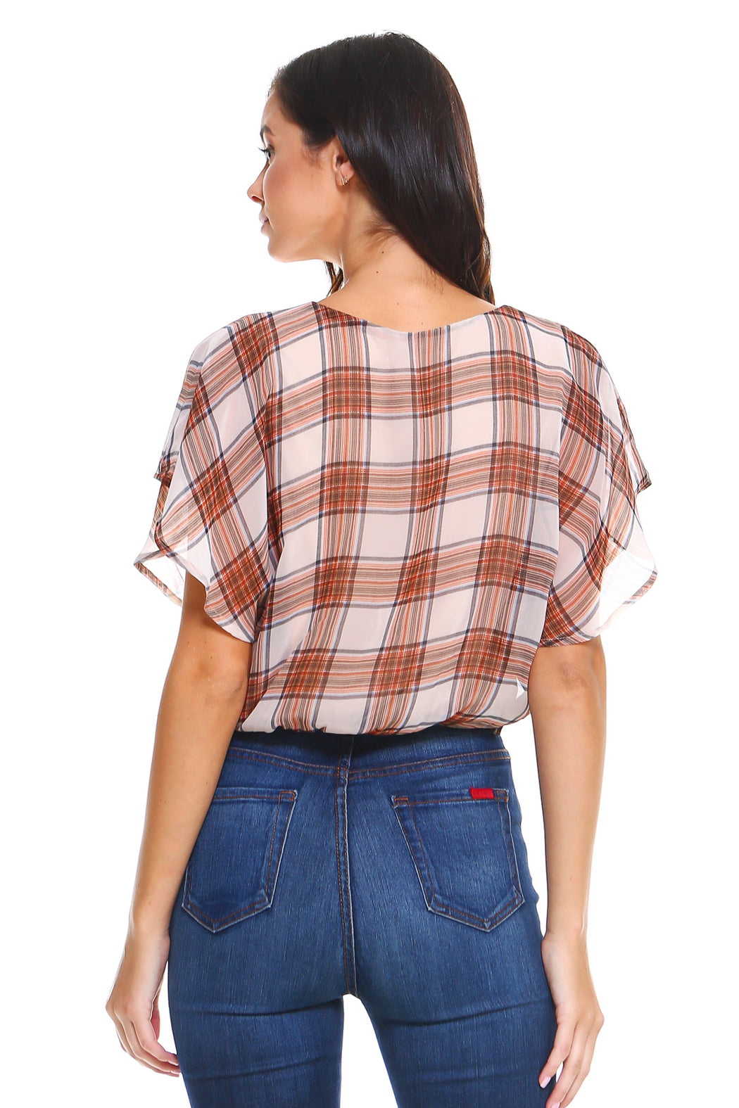 Plaid Tie Back Short Sleeve Blouse Top