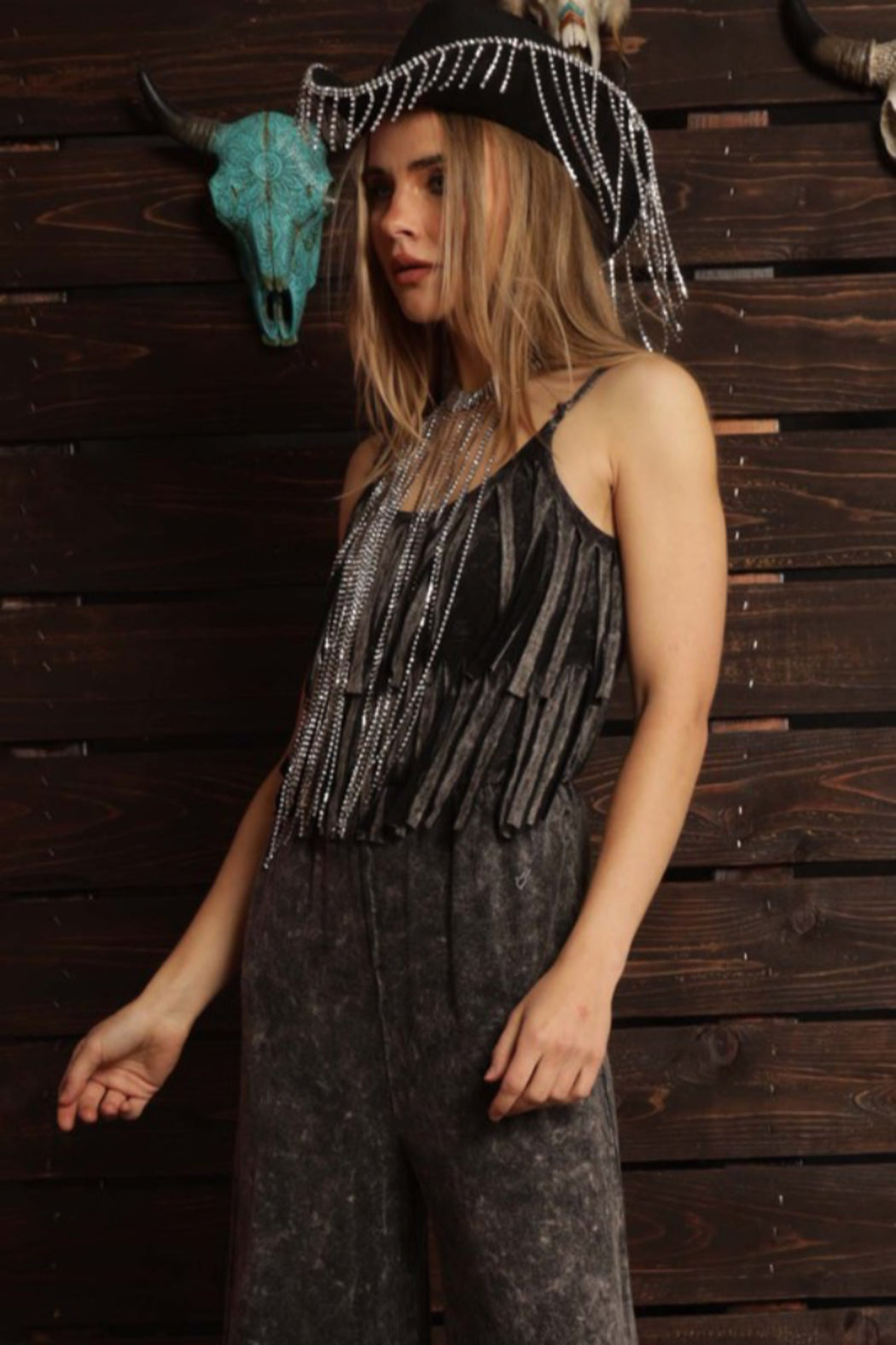 Mineral Washed Fringe Jumpsuit