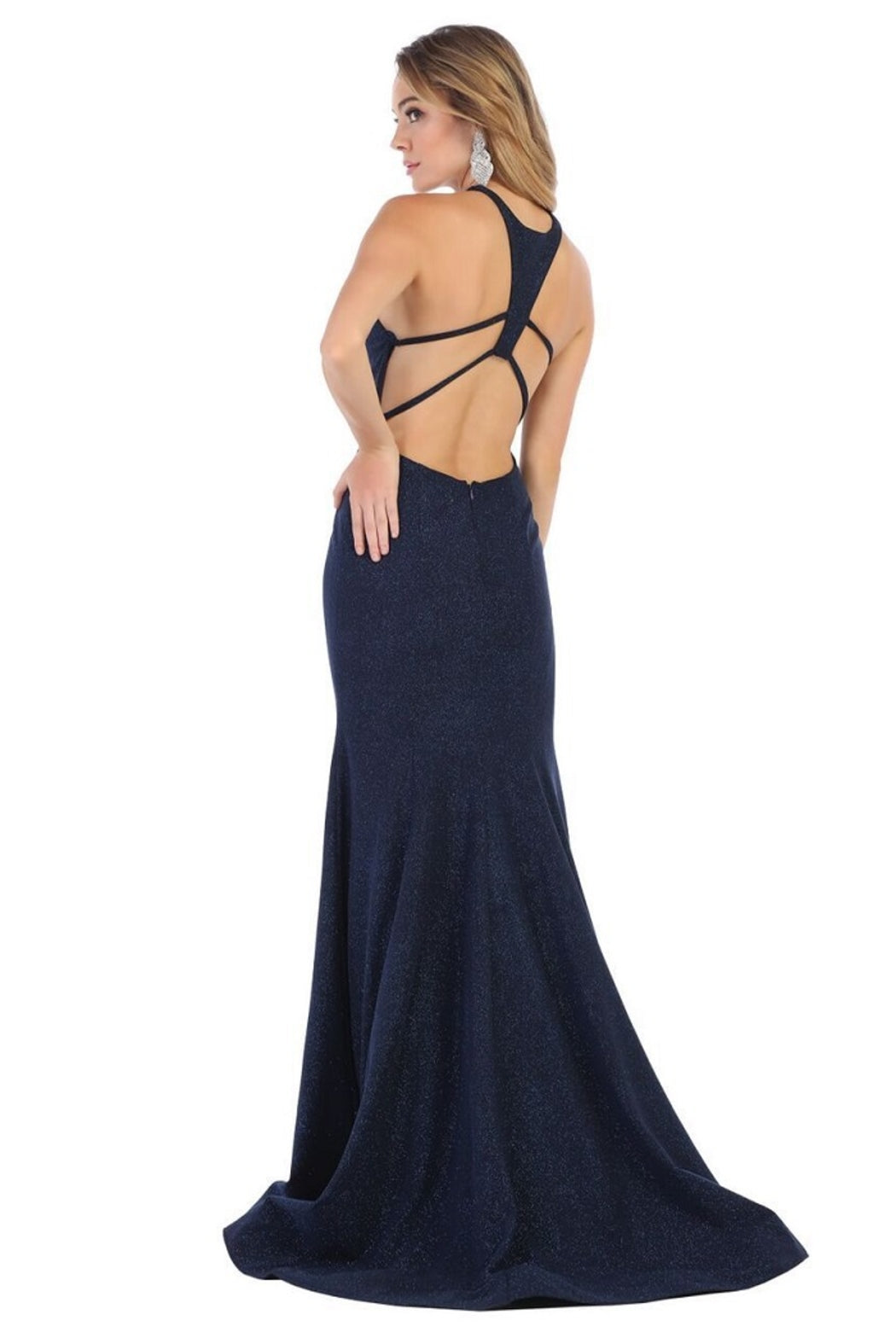 Navy Glitter Fit & Flare Formal Long Dress