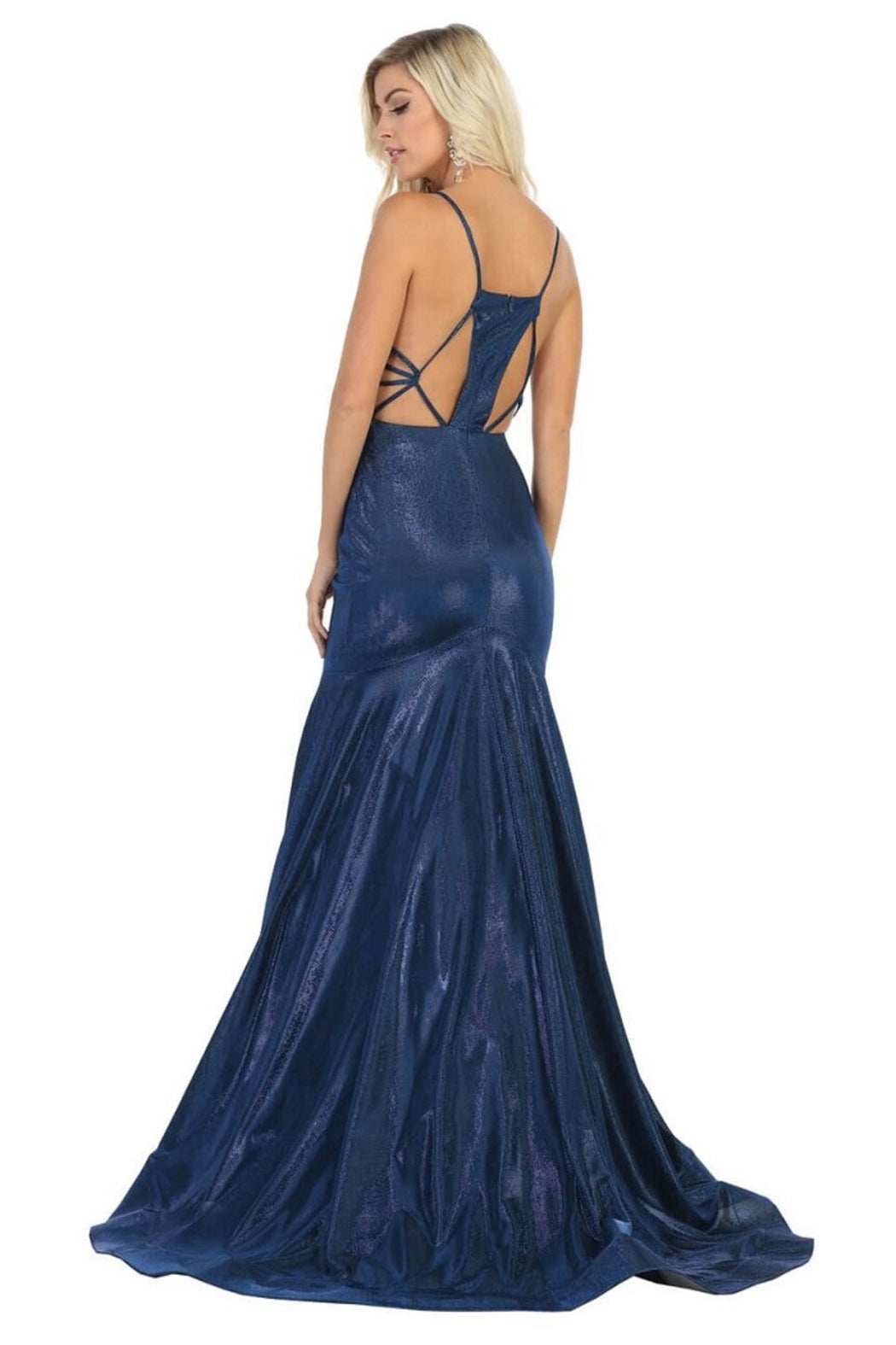 Navy Metallic Fit & Flare Formal Long Dress
