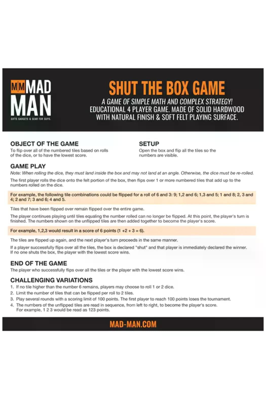 "Shut The Box" Game