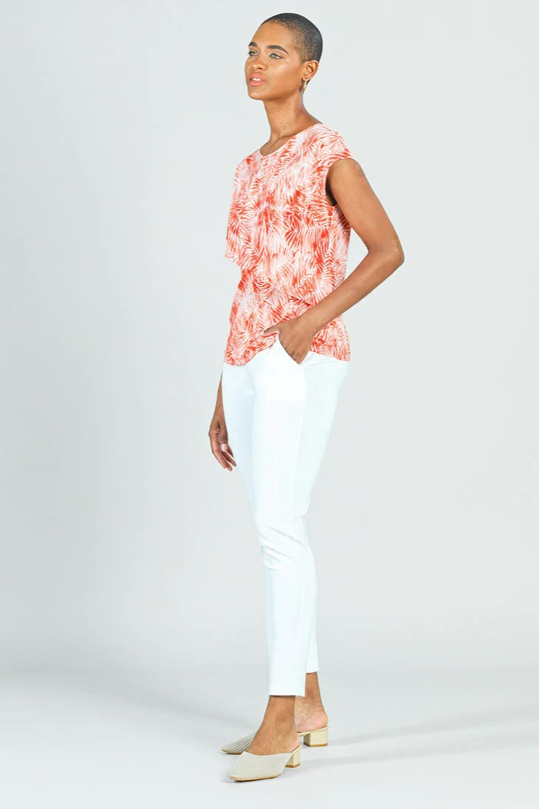 Palm-Print Ruffle Cap-Sleeve Top