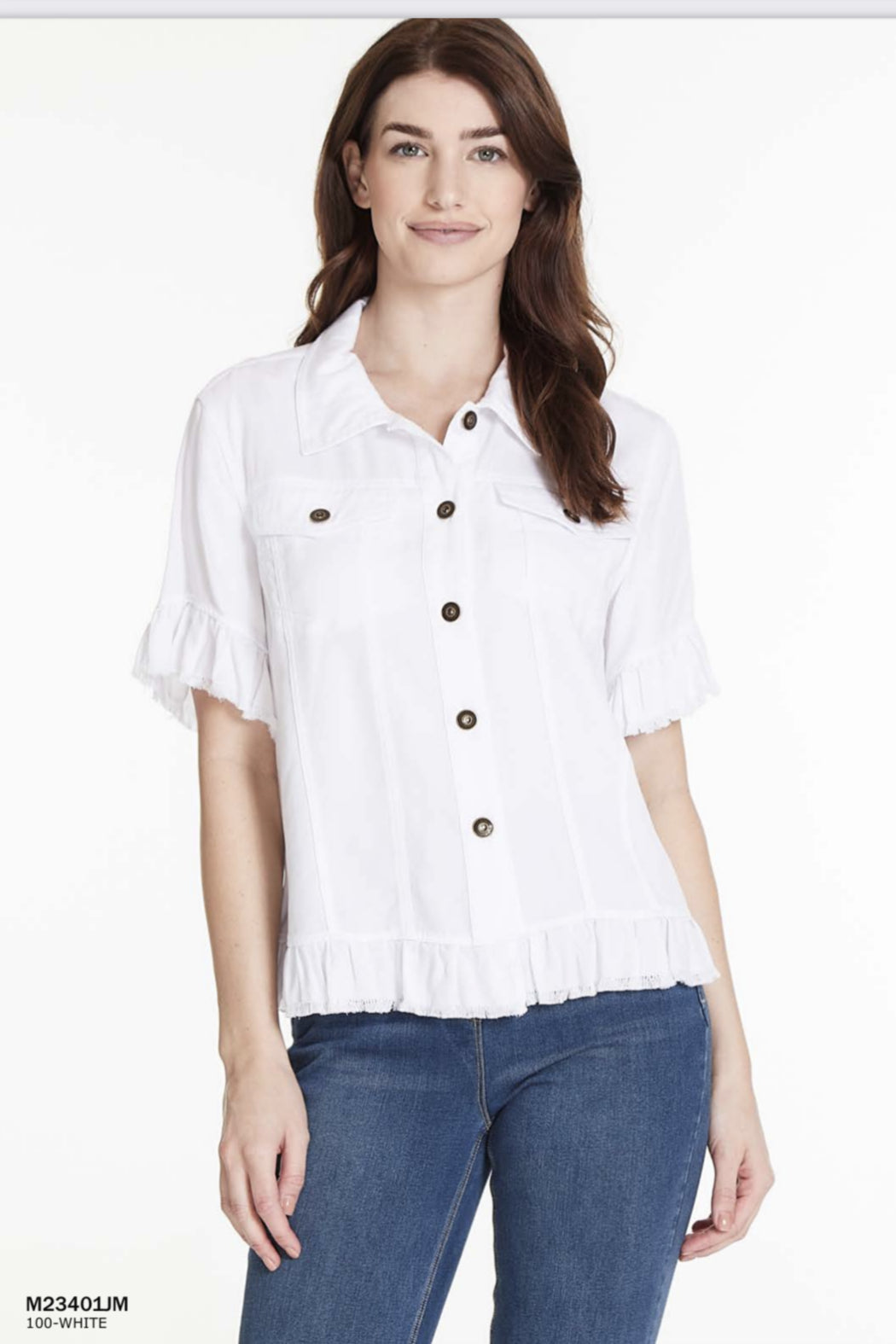 Point Collar Ruffled Trim Short Sleeve Button Front Lyocell Jean Jacket/Shirt