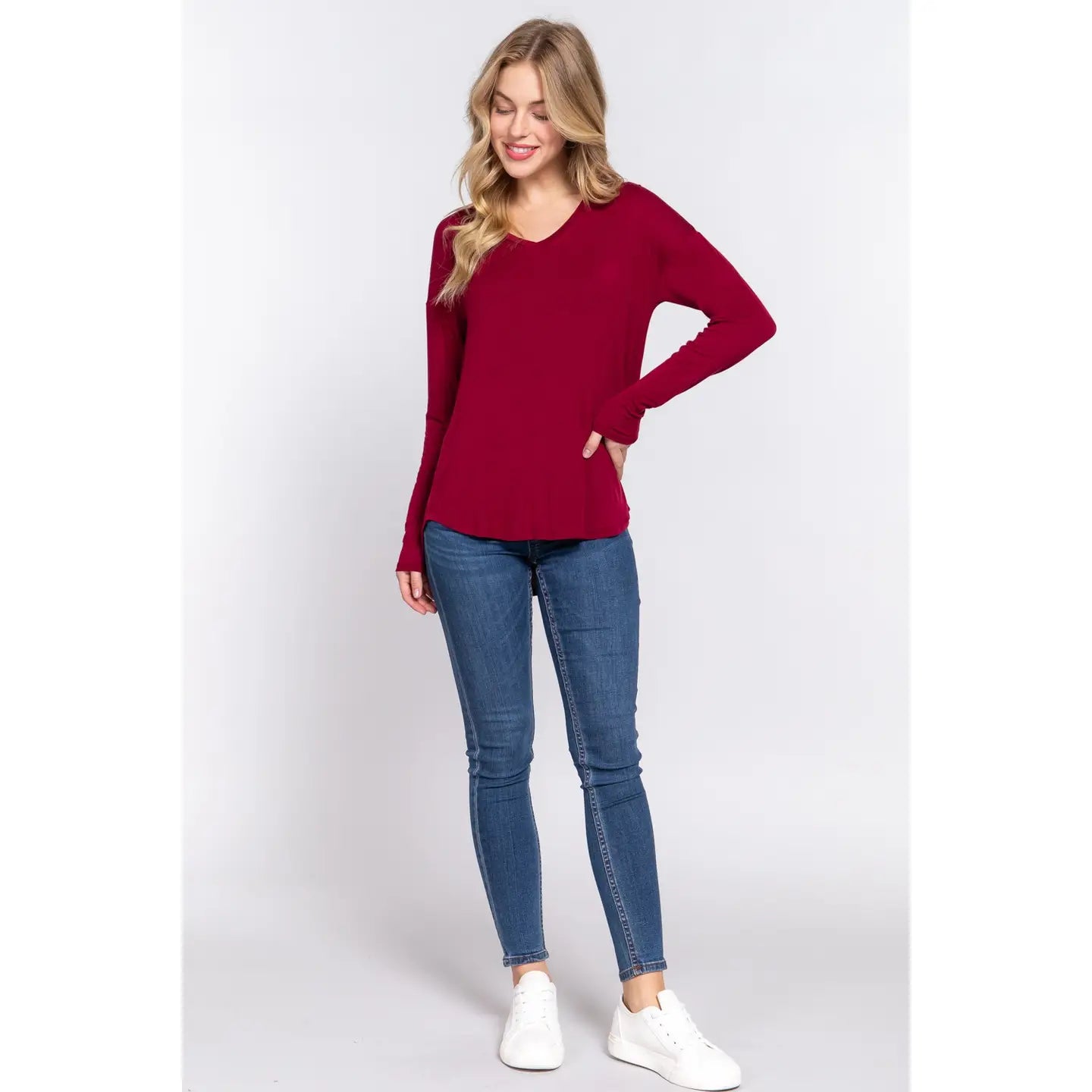 Women's Long Dolman Sleeve V-Neck Rayon Span Jersey Top