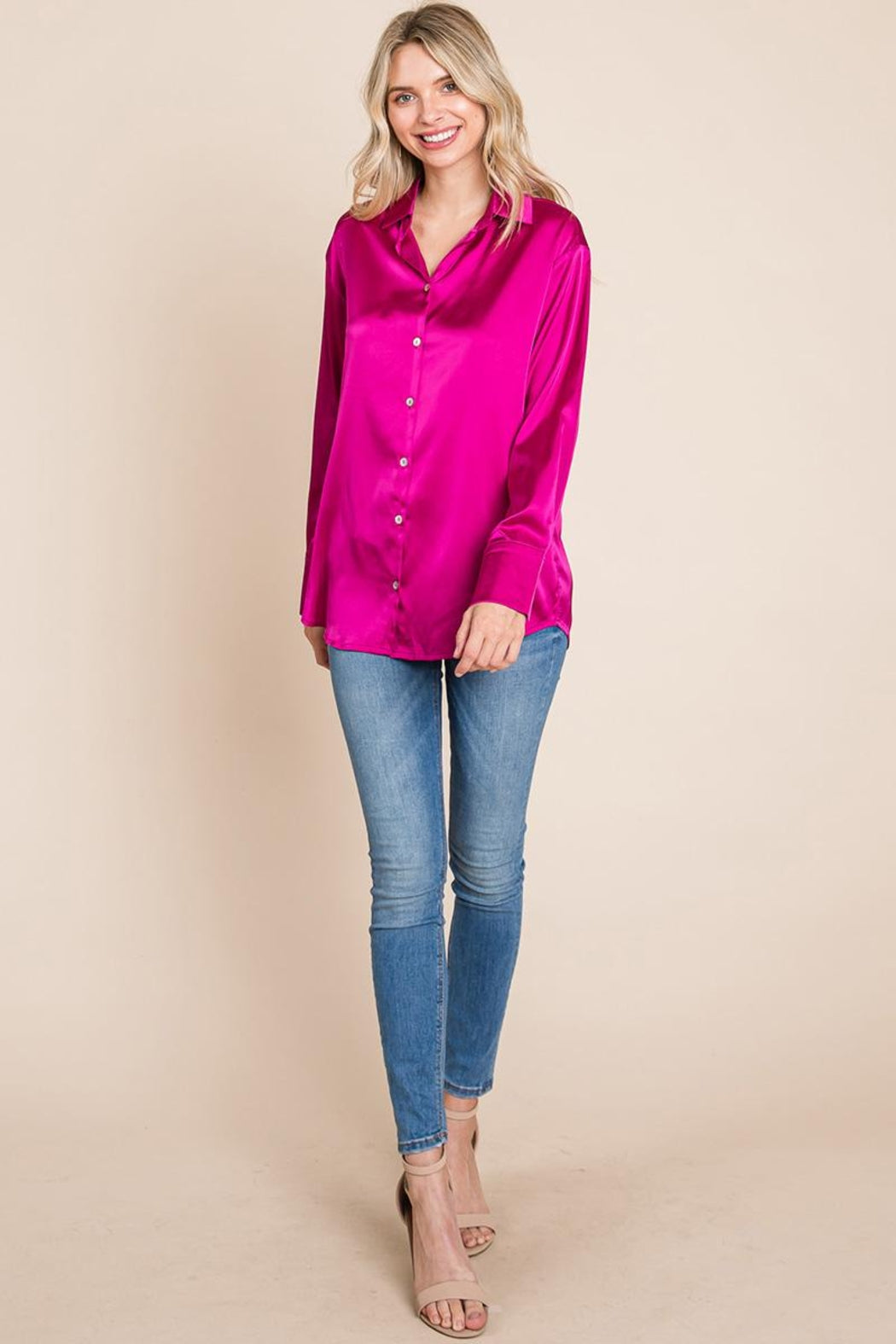 Collared Satin Button Down Blouse Shirts