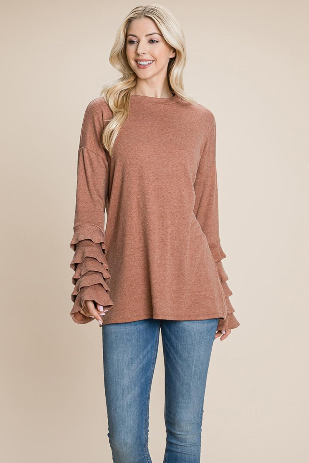 Long Sleeve Ruffle Layered Shirred Sweaters Shirts