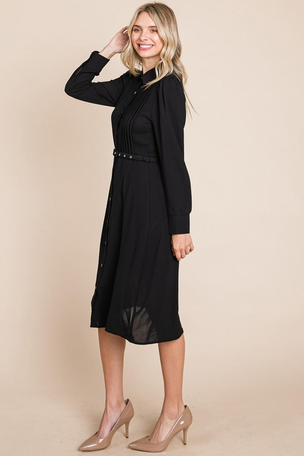 Pintucked Front Button Down Shirtdress With Belt