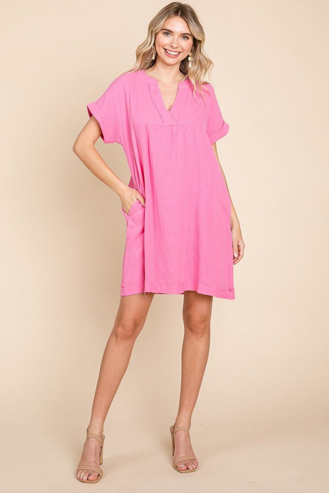 Plus Gauze Raw Edge V Neck Pocket Shift Mini Dress