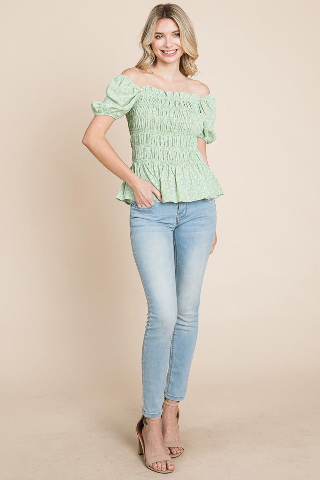 Ruched Floral Off The Shoulder Smocked Blouse