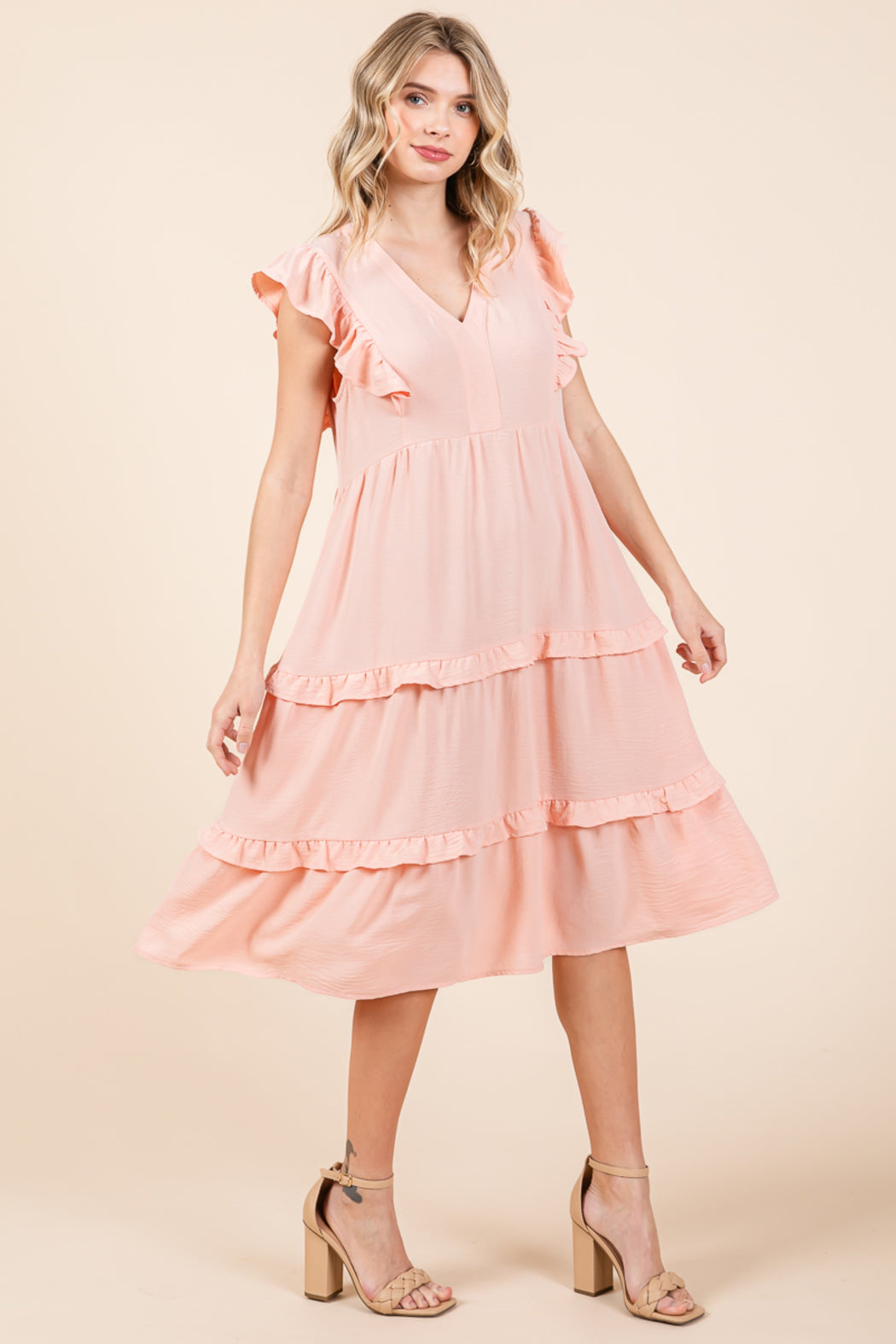 Ruffled Cap Sleeve Tiered V Neck Midi Dress