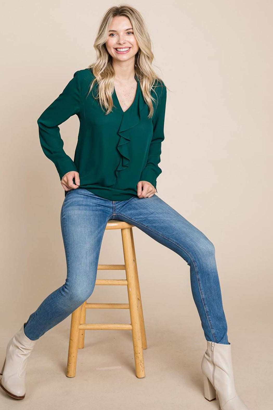 Ruffled V Neck Long Sleeve Blouse Tops