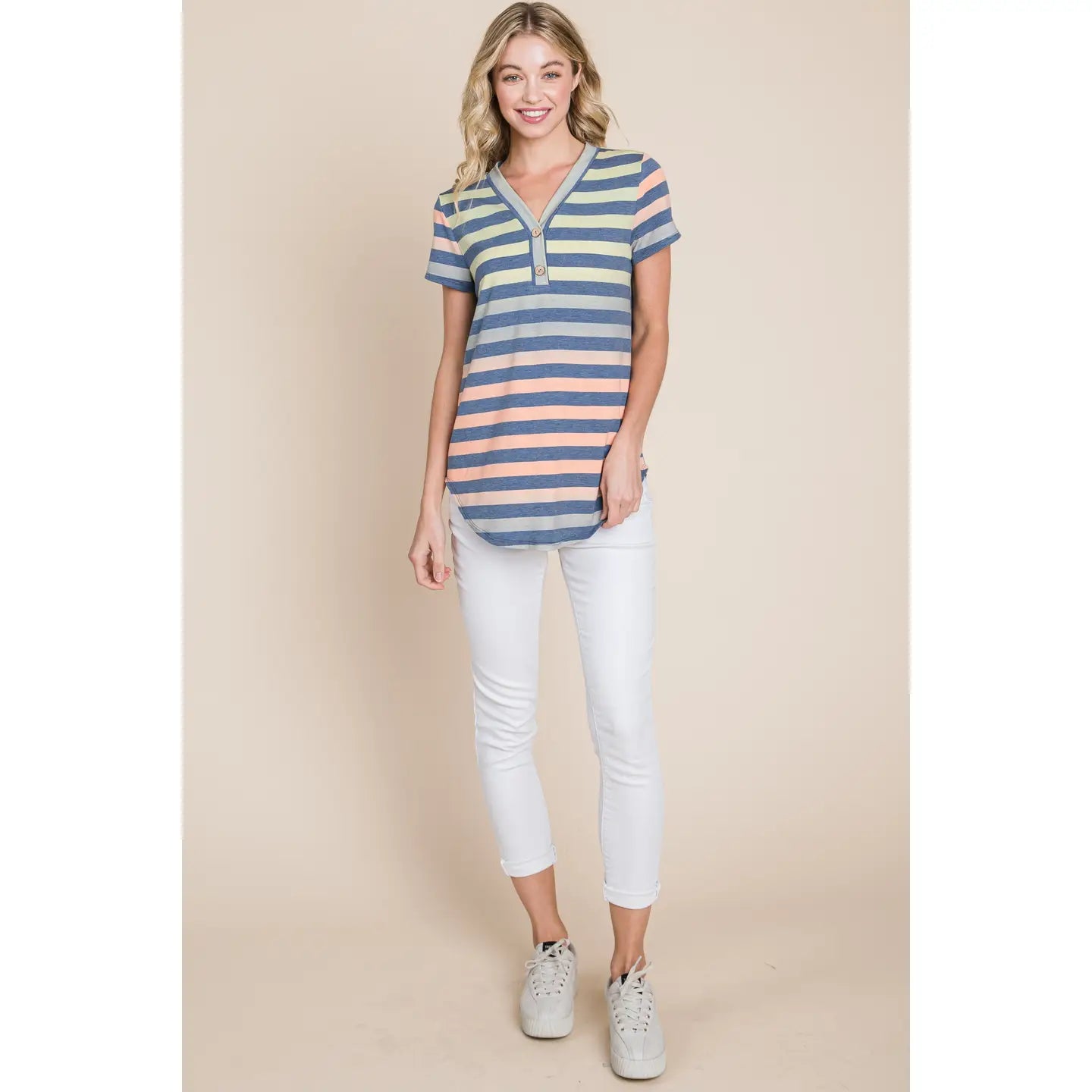 Women's Tshirt Button V-Neck Stripe Top
