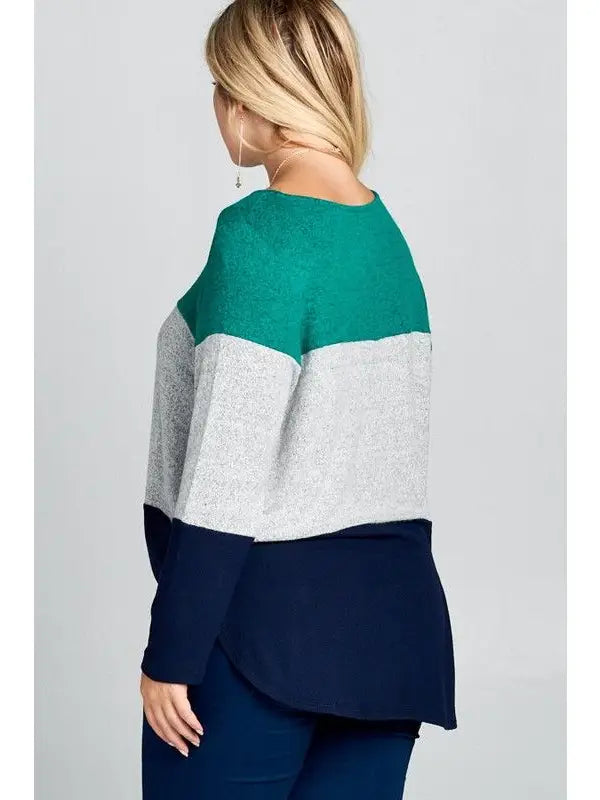 Emerald Gray and Navy Plus Size Hacci Brush Colorblock Front Knot Top