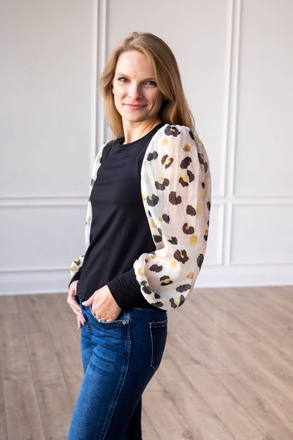 Leopard Dream Balloon Sleeve Top: Black