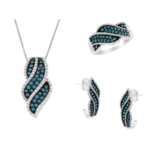Rhodium Over .925 Sterling Silver 1-1/2 Cttw Blue Diamond Pavé Ring, 18" Pendant Necklace, & Earrings Set (Enhanced Color, I1-I2 Clarity) - Size 7-1/4