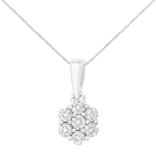 14K White Gold 1/2 Cttw Prong Set Round-Cut Diamond 7 Stone Floral Cluster 18" Pendant Necklace (H-I Color, I1-I2 Clarity)
