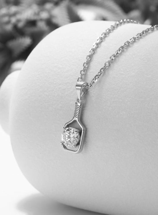 Pickleball FINE Diamond Solitaire Silver Paddle Necklace